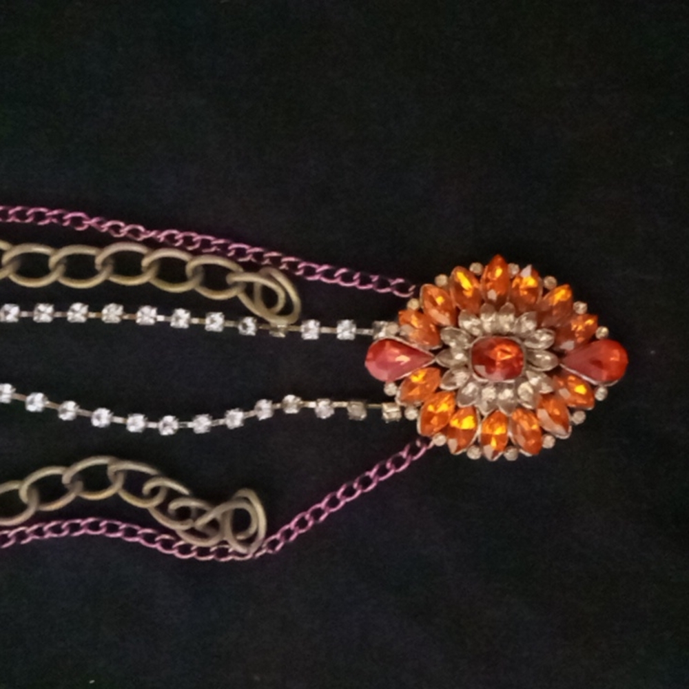 Orange Pendant Necklace w multi layered very different chains
